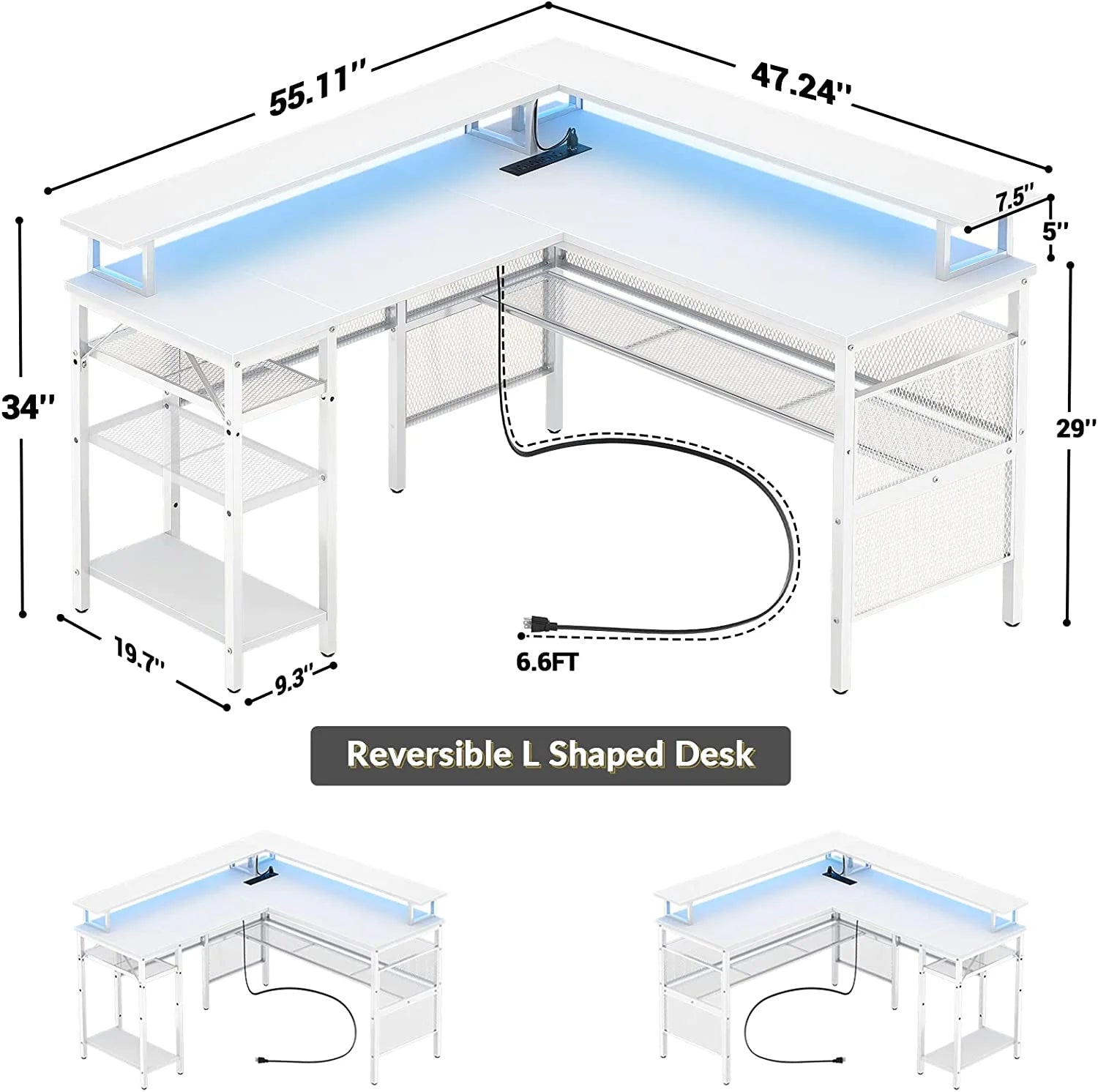 L Shaped Desk with Power Outlets and LED Light, 55 Inch Reversible L-Shaped Gaming Desk with Monitor Stand, Ergonomic Corner Computer Desk with Storage Shelf for Home Office, White