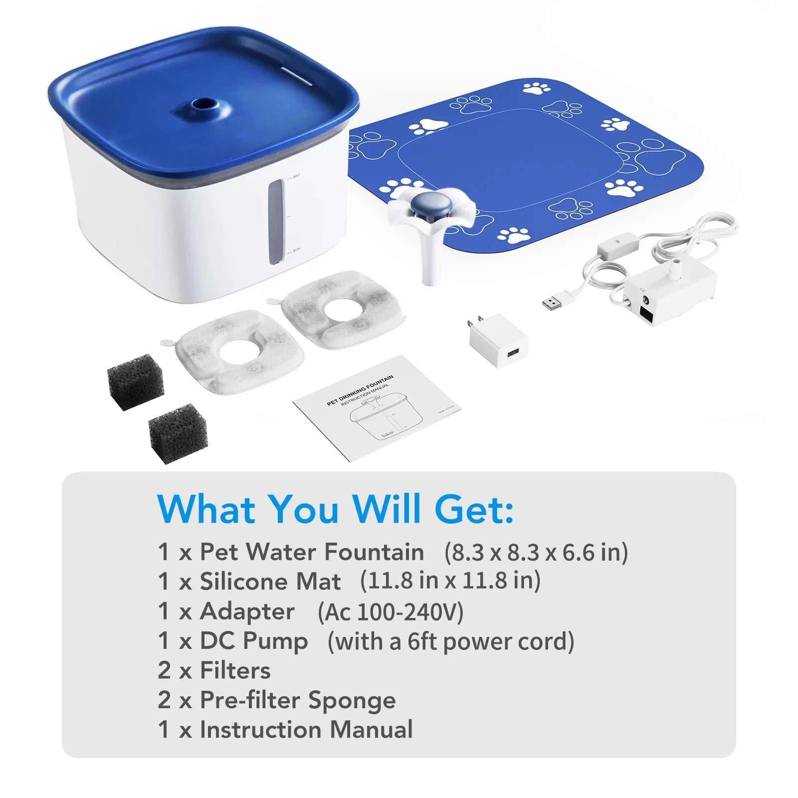 95Oz/2.8L Pet Fountain with Anti-Slip Mat & Replacement Filters, Automatic Cat Water Fountain Dog Water Dispenser, White & Blue