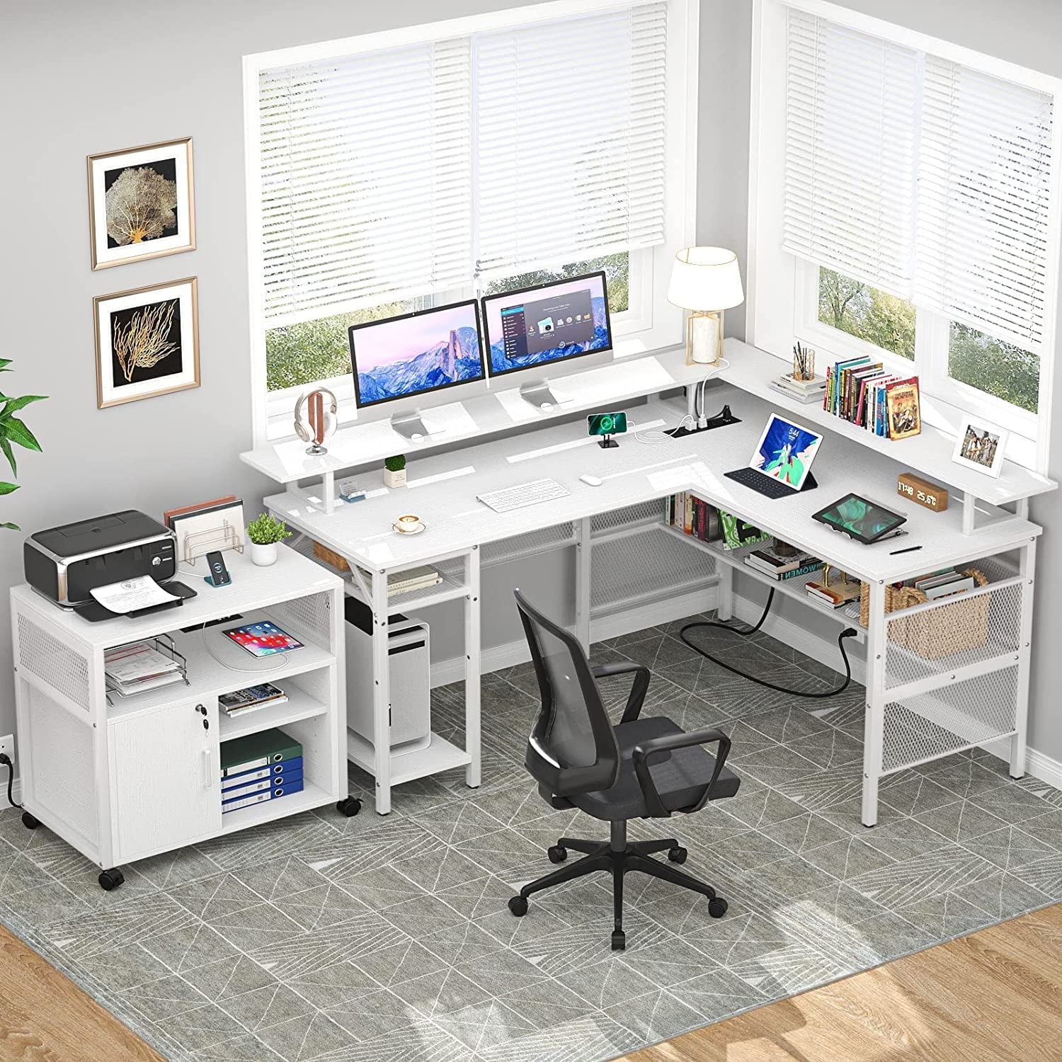 L Shaped Desk with Power Outlets and LED Light, 55 Inch Reversible L-Shaped Gaming Desk with Monitor Stand, Ergonomic Corner Computer Desk with Storage Shelf for Home Office, White