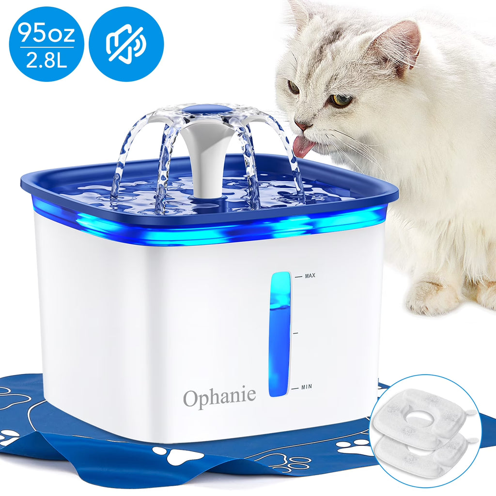95Oz/2.8L Pet Fountain with Anti-Slip Mat & Replacement Filters, Automatic Cat Water Fountain Dog Water Dispenser, White & Blue