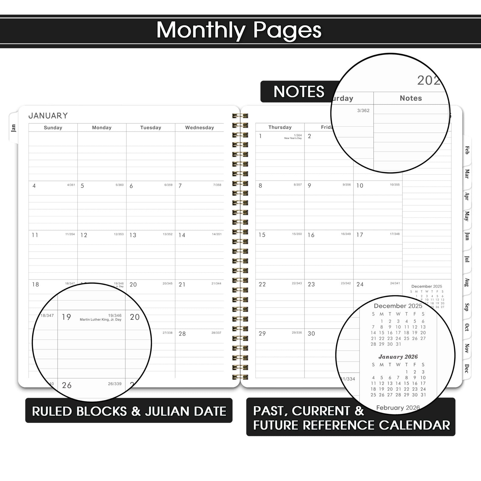 2026 Planner 8X10 Black Weekly Monthly Scheduling Organizer with Twin Wire Bi...