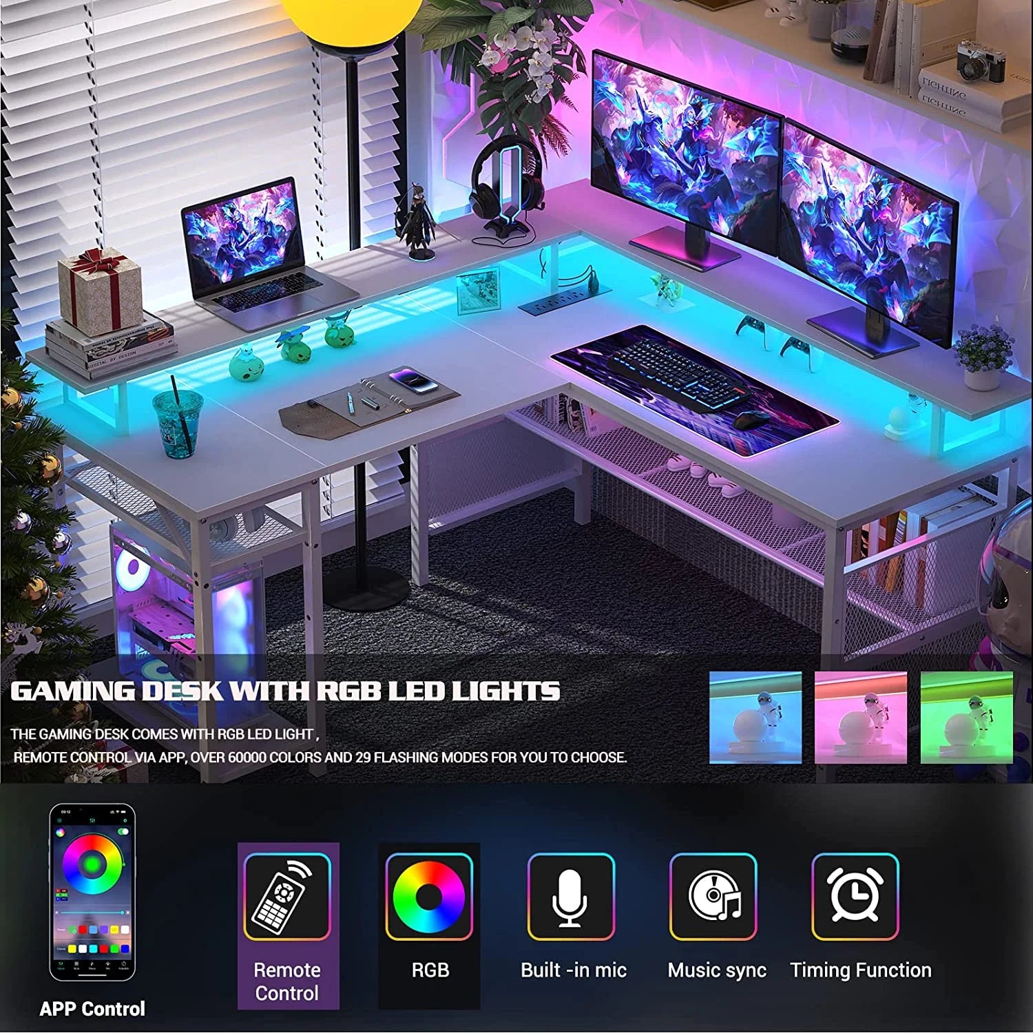 L Shaped Desk with Power Outlets and LED Light, 55 Inch Reversible L-Shaped Gaming Desk with Monitor Stand, Ergonomic Corner Computer Desk with Storage Shelf for Home Office, White