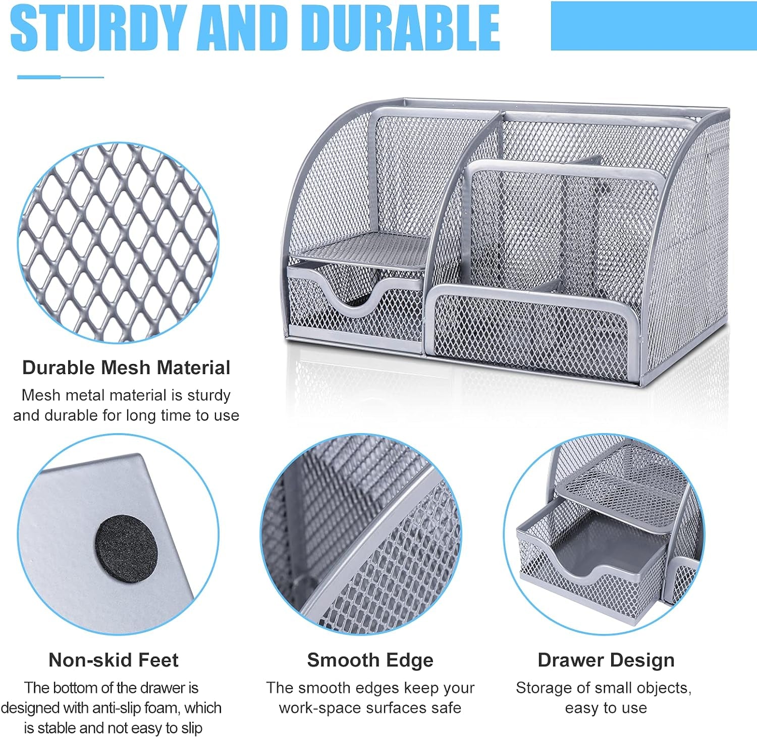 Desk Organizer Office Accessories, Multi-Functional Mesh Desk Organizer with 6 Compartments and 1 Drawer for Home, Office, School, Workshop, Kitchen (Silver)