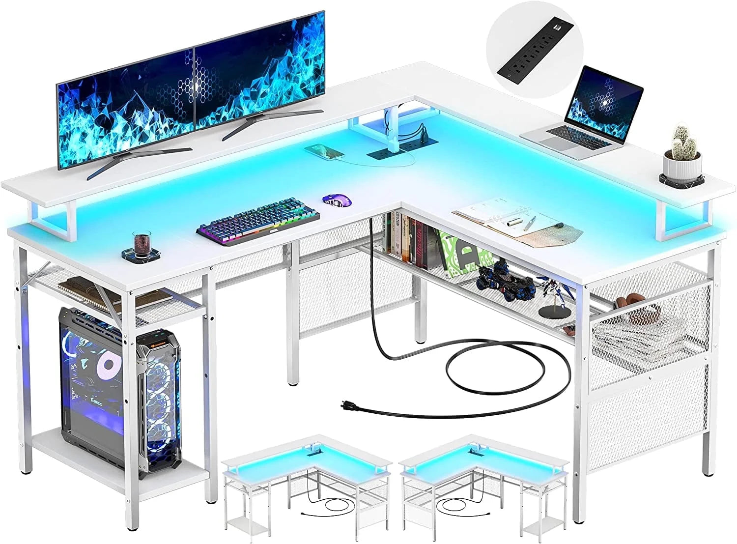 L Shaped Desk with Power Outlets and LED Light, 55 Inch Reversible L-Shaped Gaming Desk with Monitor Stand, Ergonomic Corner Computer Desk with Storage Shelf for Home Office, White
