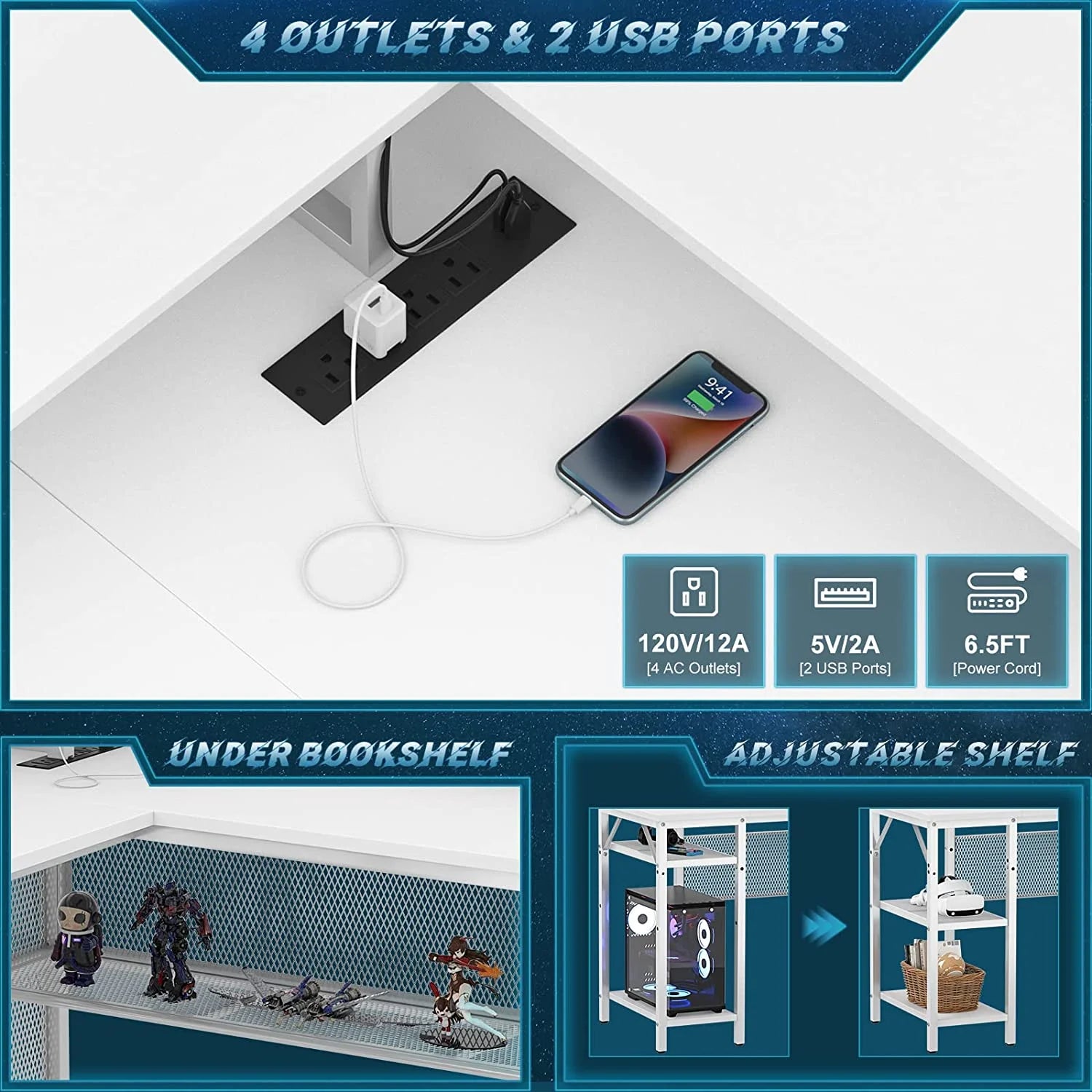 L Shaped Desk with Power Outlets and LED Light, 55 Inch Reversible L-Shaped Gaming Desk with Monitor Stand, Ergonomic Corner Computer Desk with Storage Shelf for Home Office, White