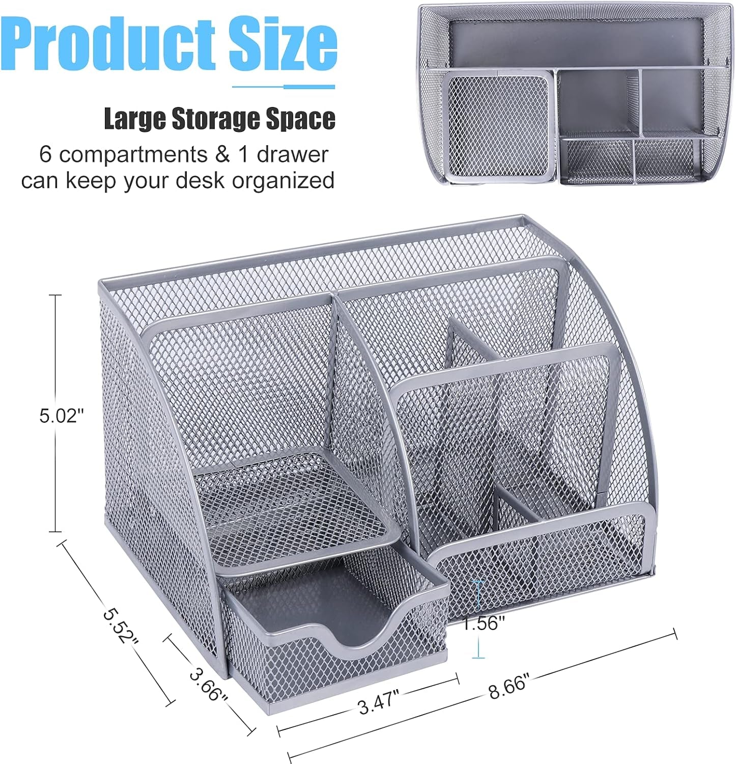 Desk Organizer Office Accessories, Multi-Functional Mesh Desk Organizer with 6 Compartments and 1 Drawer for Home, Office, School, Workshop, Kitchen (Silver)