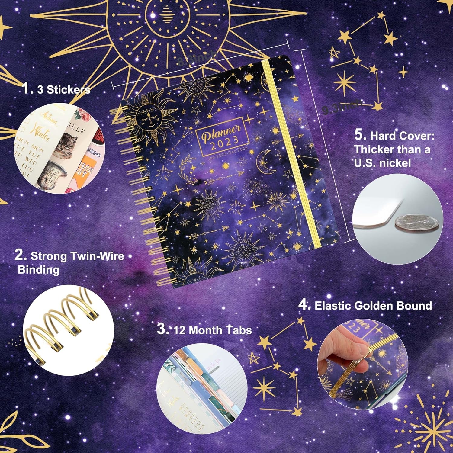 2023 Hardcover Planner - Weekly & Monthly Planner 2023 with Stickers, Dated Jan 2023 - Dec 2023, 8.9" X 9.3", 12 Month Planner with Tabs, Daily Spiral Agenda for Women, Laminated Dividers, Purple